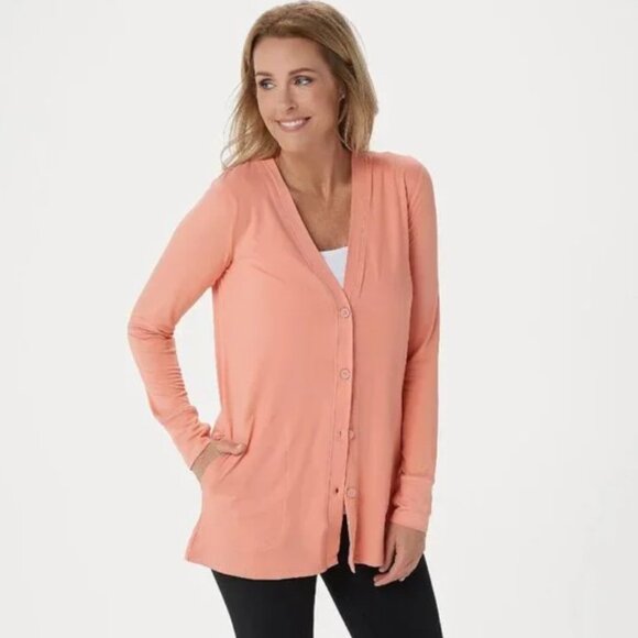 NEW Peach Sz XS Soft Stretch Roomy Cardigan Shirt Thumbholes CUDDL DUDS FLEXWEAR - Picture 1 of 5